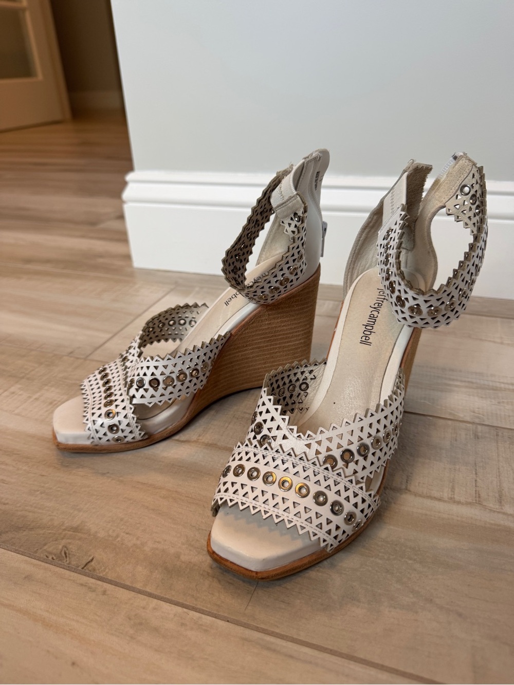 Jeffrey Campbell Cream Laser-Cut Studded Wedge Sandals with Ankle Strap